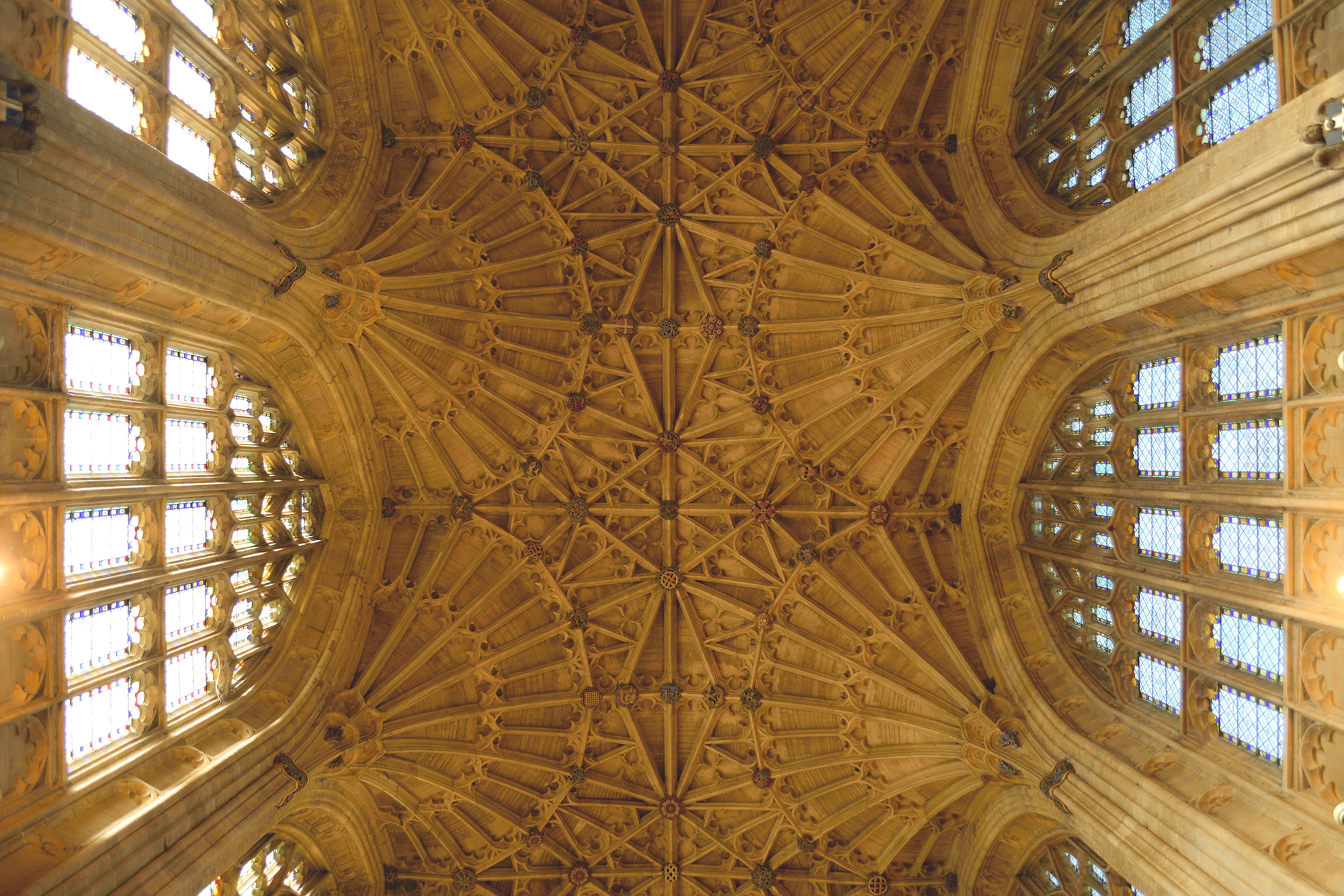 Vue du plafond orné et vouté de Sherborne Abbey.